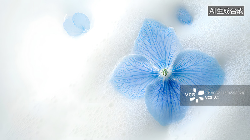 【AI数字艺术】牛奶白色泡沫中的蓝色花朵图片素材