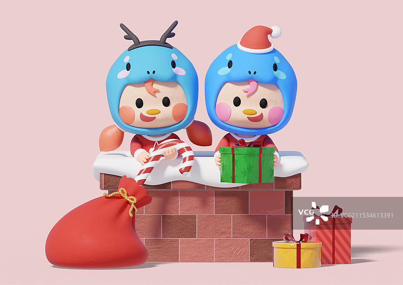 从烟囱里爬出来的蛇形角色手里拿着一个礼物图片素材