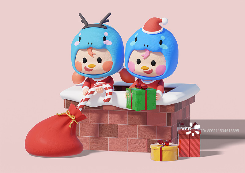 从烟囱里爬出来的蛇形角色手里拿着一个礼物图片素材