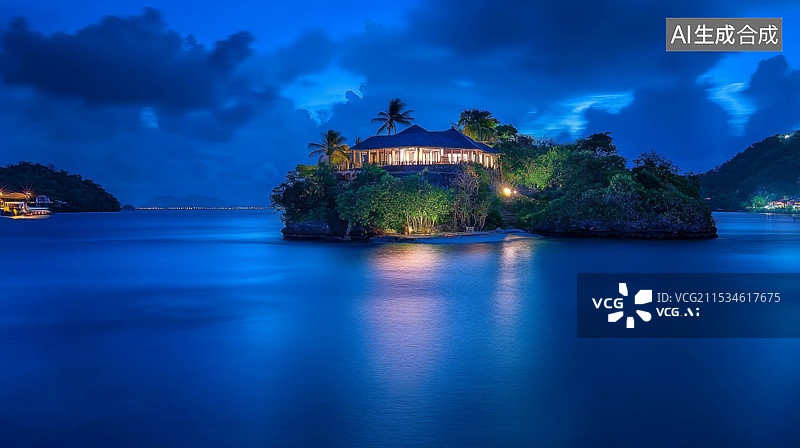 【AI数字艺术】湖中之岛酒店夜景图片素材