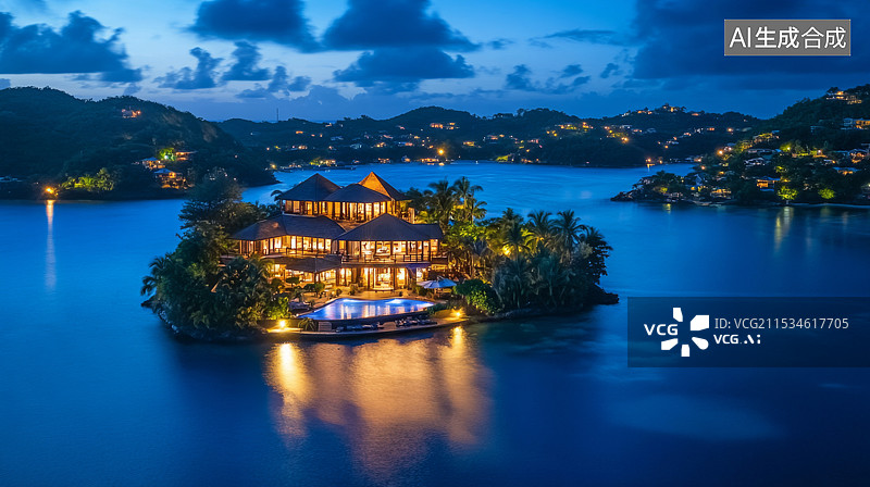 【AI数字艺术】湖中之岛酒店夜景图片素材