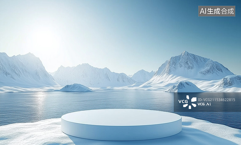 【AI数字艺术】抽象白色空置讲台，背景是雪山和蓝色水面，适合产品展示模型、化妆品或美容产品展示场景。极简主义冬季景观图片素材