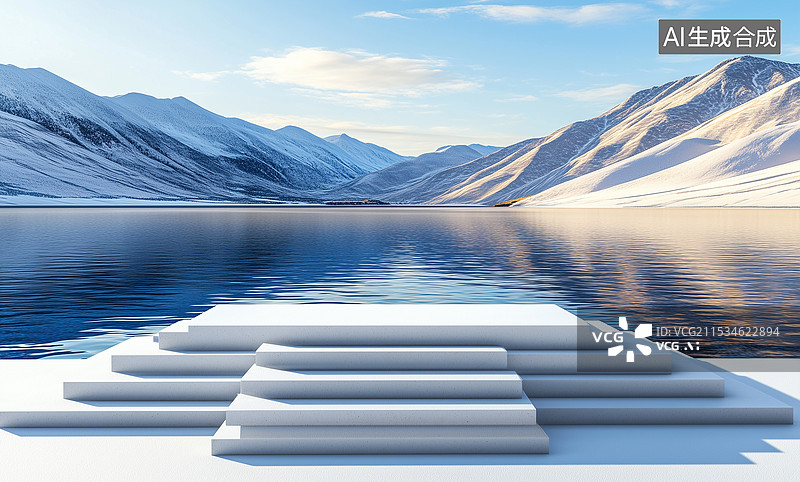 【AI数字艺术】抽象白色空置讲台，背景是雪山和蓝色水面，适合产品展示模型、化妆品或美容产品展示场景。极简主义冬季景观图片素材