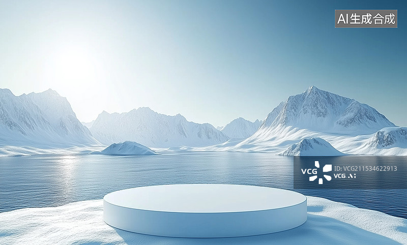 【AI数字艺术】抽象白色空置讲台，背景是雪山和蓝色水面，适合产品展示模型、化妆品或美容产品展示场景。极简主义冬季景观图片素材
