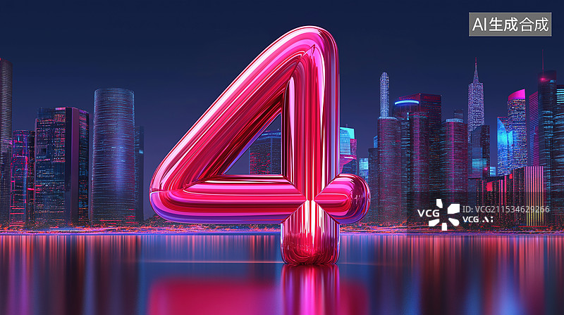 【AI数字艺术】城市背景上的红色有机玻璃数字4图片素材
