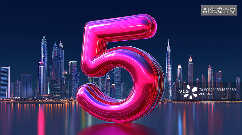 【AI数字艺术】城市背景上的红色有机玻璃数字5图片素材