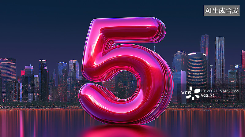 【AI数字艺术】城市背景上的红色有机玻璃数字5图片素材