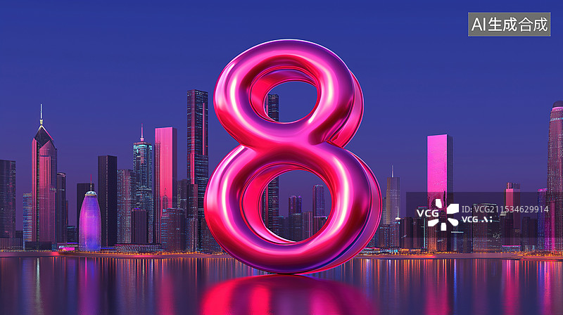 【AI数字艺术】城市背景上的红色有机玻璃数字8图片素材