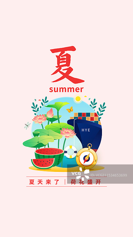 春夏秋冬四季夏天简约荷花荷叶大海蓝天指南针竖版海报图片素材