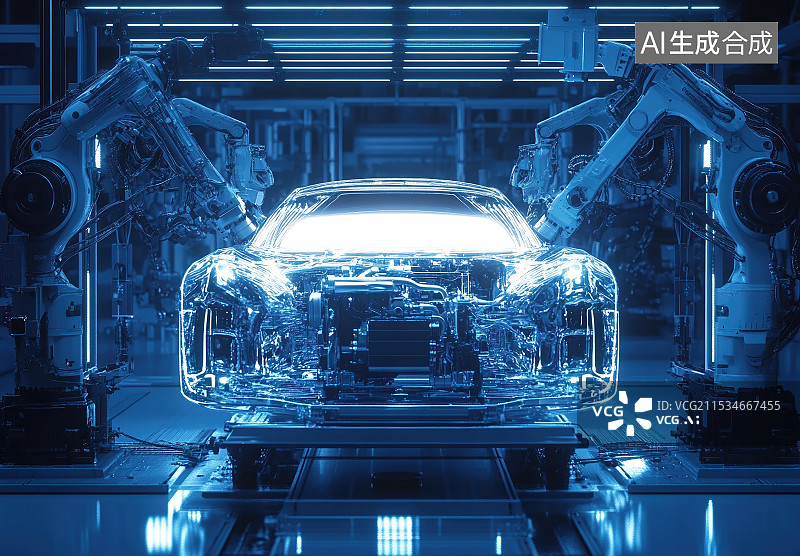 【AI数字艺术】机器人装配线，无人化的汽车制造，工业与科技图片素材
