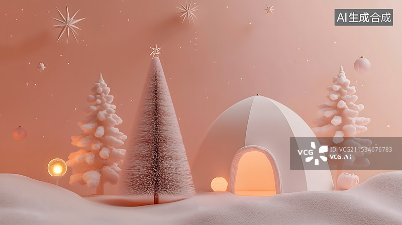 【AI数字艺术】c4d风格的雪地帐篷与圣诞树图片素材