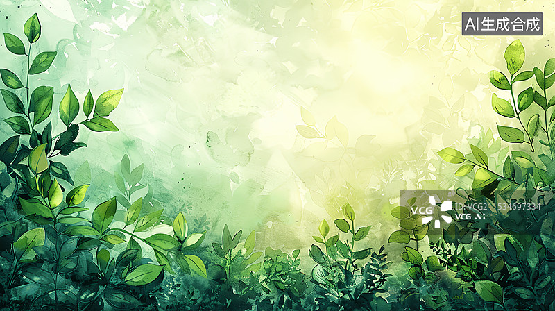 【AI数字艺术】春天茶叶茶树采茶绿色种植园水彩画图片素材
