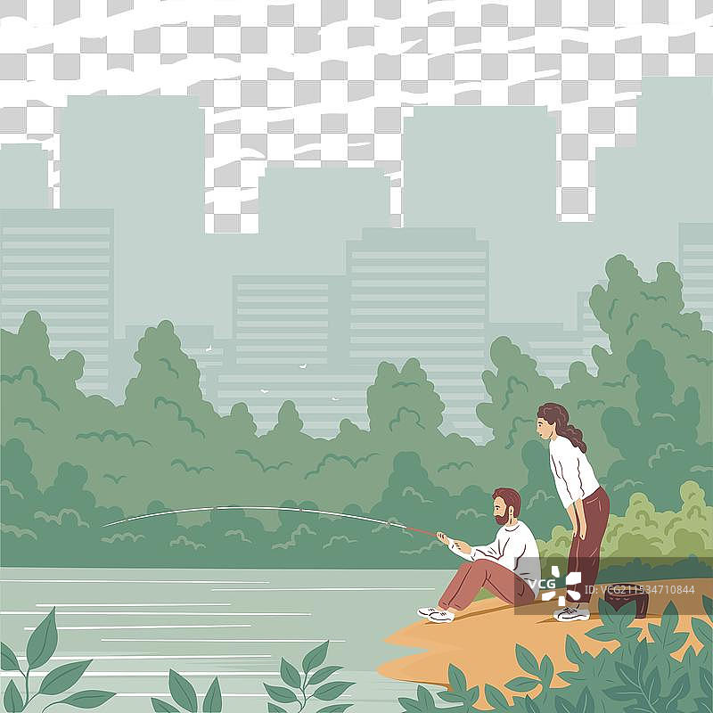 年轻男女在河边钓鱼图片素材