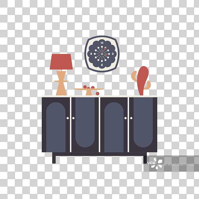 室内扁平图标，带床头柜和墙壁时钟图片素材