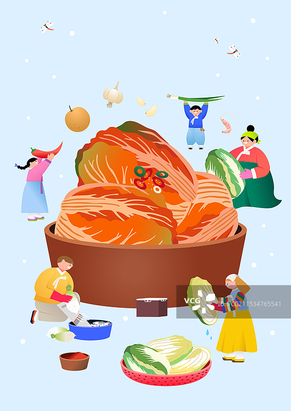 人们穿着韩服围在大盆旁制作泡菜。图片素材