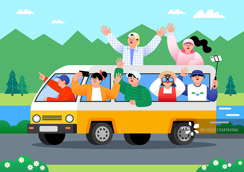 人们乘坐公交车前往大自然旅行图片素材