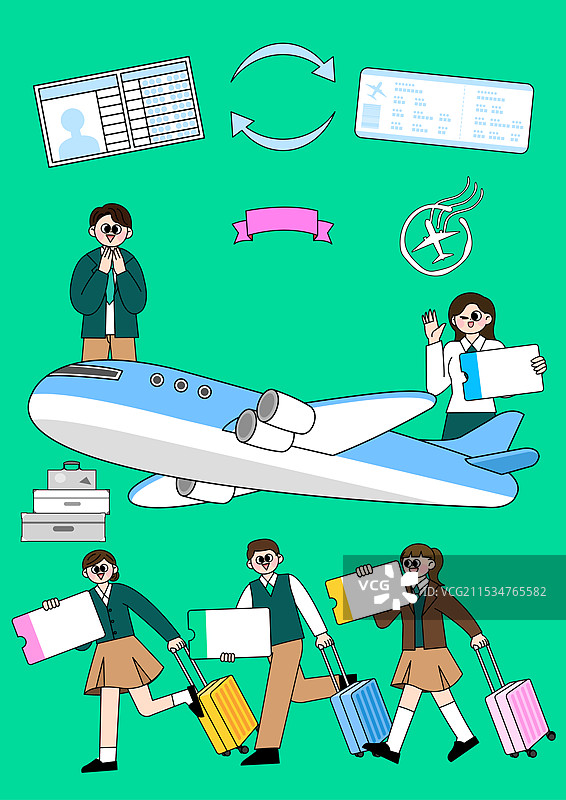 穿着校服的学生们在飞机上拖着行李箱旅行图片素材