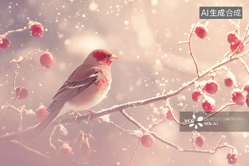 【AI数字艺术】大学节气，鸟儿站在树枝和雪景，二十四节气图片素材