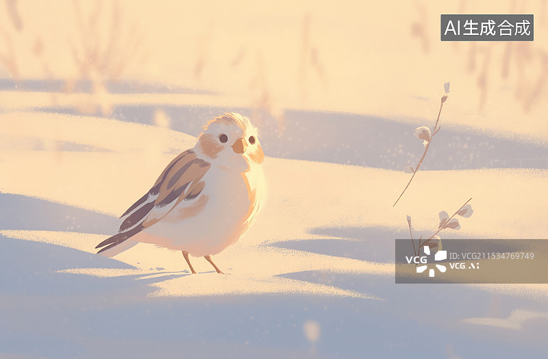 【AI数字艺术】大雪节气，一只肥嘟嘟的鸟儿在雪地里图片素材