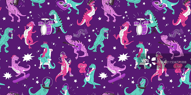 可爱恐龙聆听的无缝图案图片素材