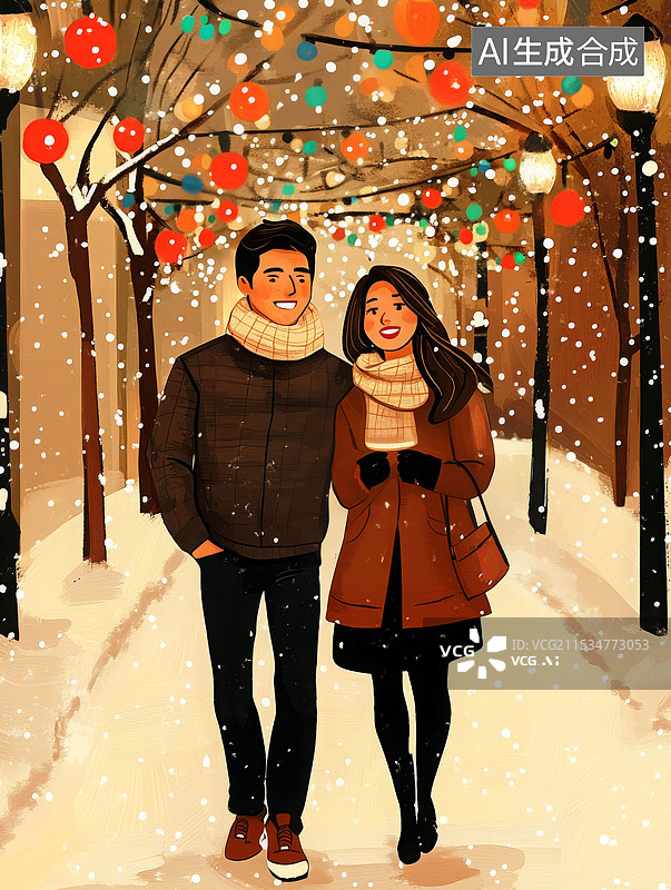 【AI数字艺术】节日城市街景，一对男女朋友相拥逛街图片素材