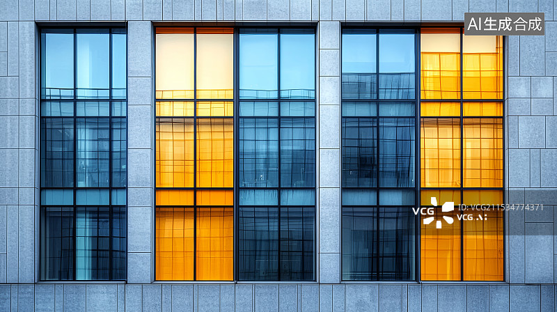 【AI数字艺术】蓝橙相间的玻璃幕墙图片素材