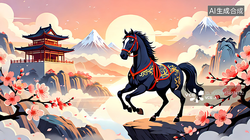 【AI数字艺术】骏马桃花宫殿山水插画图片素材