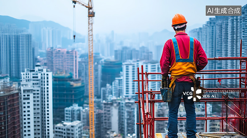 【AI数字艺术】站在脚手架上的建筑工人图片素材