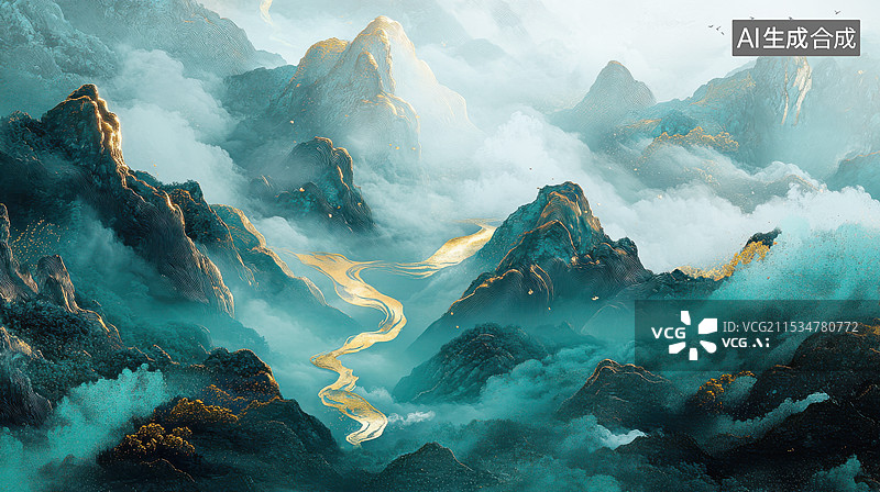 【AI数字艺术】中国风国潮青金石金镶玉山峦图片素材