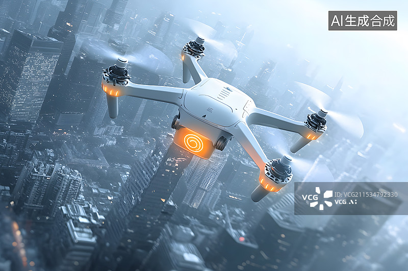 【AI数字艺术】现代化城市上空飞行的一架无人机图片素材