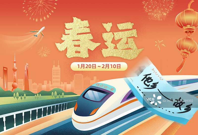 春运插画红色喜庆过年噪点扁平渐变无人场景飞机特写高铁火车票城市建筑横版海报图片素材