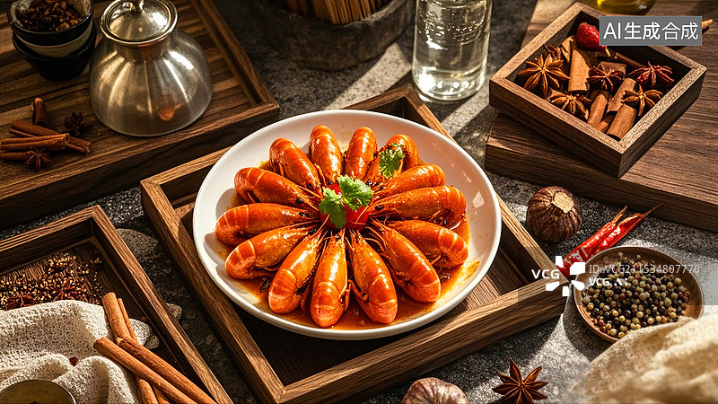 【AI数字艺术】中国美食鲁菜油焖大虾图片素材