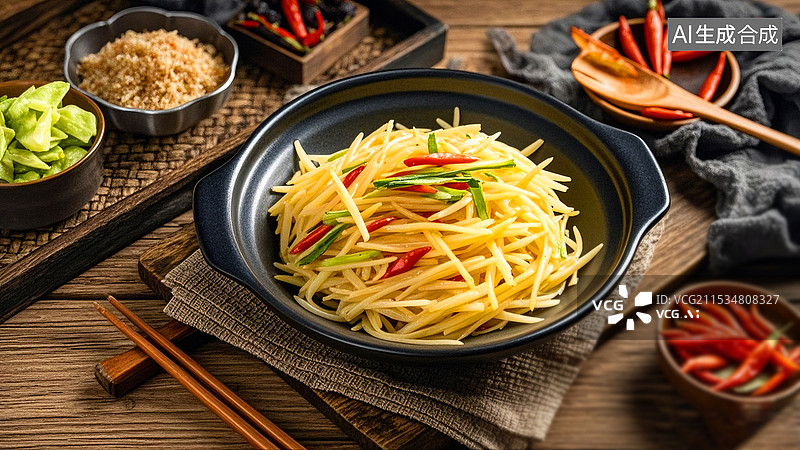 【AI数字艺术】中国美食素菜热菜家常菜酸辣土豆丝图片素材