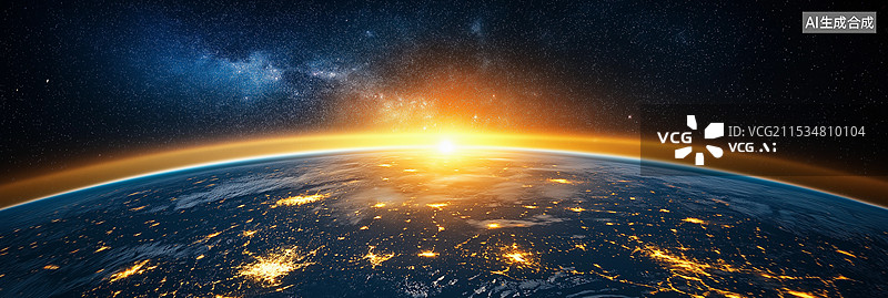 【AI数字艺术】科技背景——太空中的地球日出场景图片素材