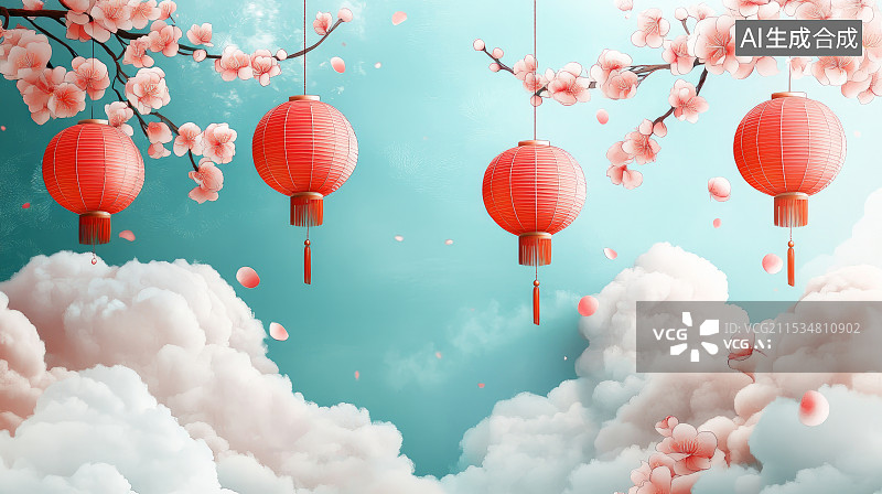 【AI数字艺术】中国风喜庆新年灯笼花卉背景图片素材