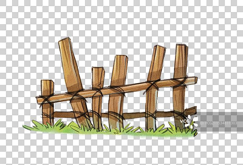 手绘水彩之木头围栏和小草免抠元素图片素材