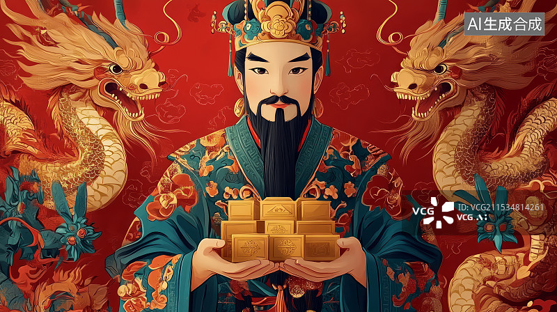 【AI数字艺术】中国风春节传统节日新年迎财神插画图片素材