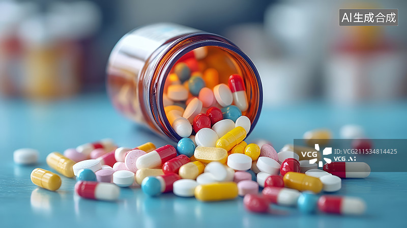 【AI数字艺术】药瓶倒出胶囊和药丸药片，医药主题概念图片素材