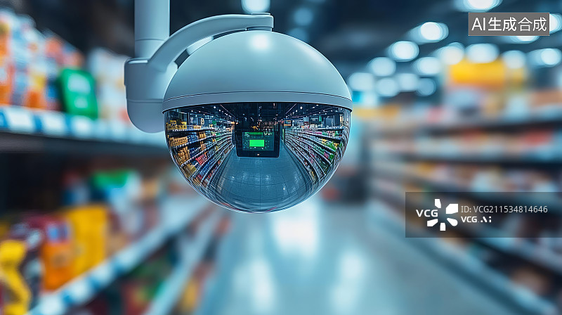 【AI数字艺术】监控系统摄像头和模糊商店超市背景图片素材