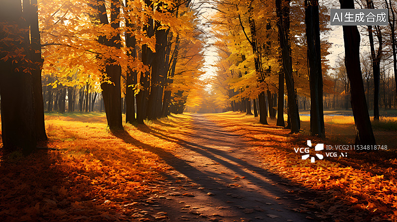 【AI数字艺术】秋天公园里的林荫大道图片素材