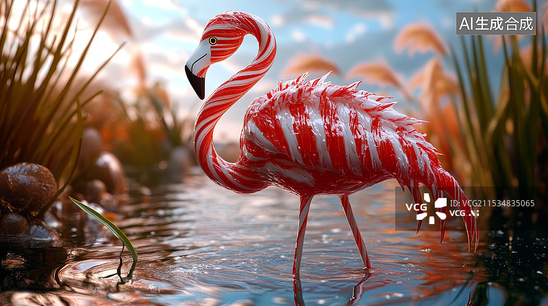 【AI数字艺术】火烈鸟站在浅水中图片素材