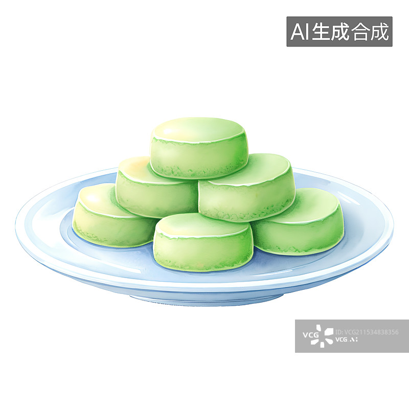 【AI数字艺术】手绘插画，白色背景上一盘绿豆糕，糯米糕，茶食，茶点，零食，甜点，中国传统美食元素，素材图片素材