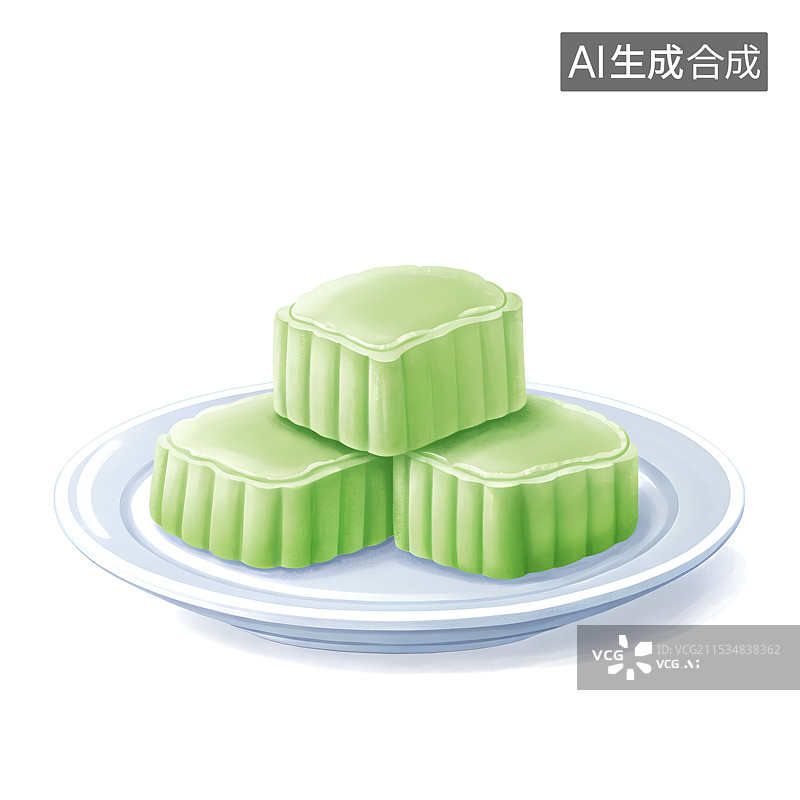 【AI数字艺术】手绘插画，白色背景上一盘绿豆糕，糯米糕，茶食，茶点，零食，甜点，中国传统美食元素，素材图片素材