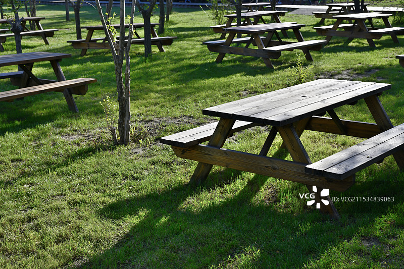 中国天津市宁河区七里海镇“七星岛湿地风景区”，公园里草地上的空餐桌椅子图片素材