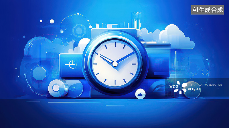 【AI数字艺术】代表时间管理的蓝色钟表商业插图图片素材