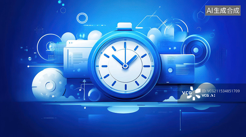 【AI数字艺术】代表时间管理的蓝色钟表商业插图图片素材