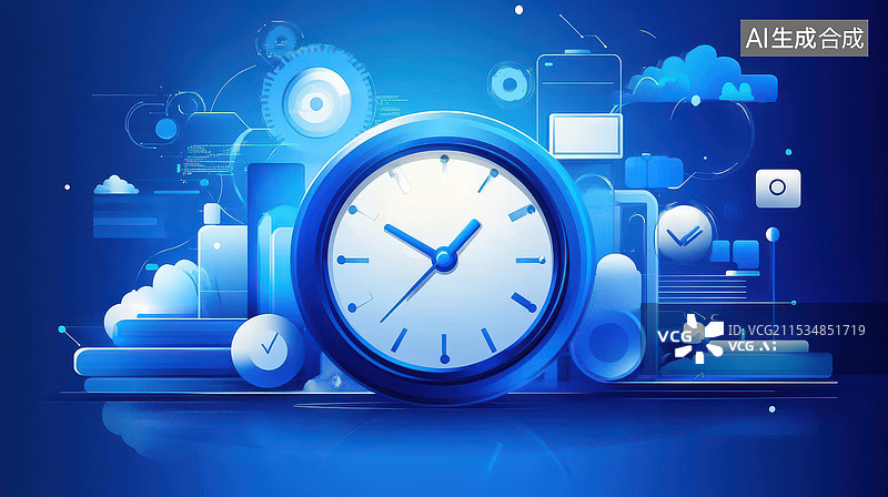 【AI数字艺术】代表时间管理的蓝色钟表商业插图图片素材