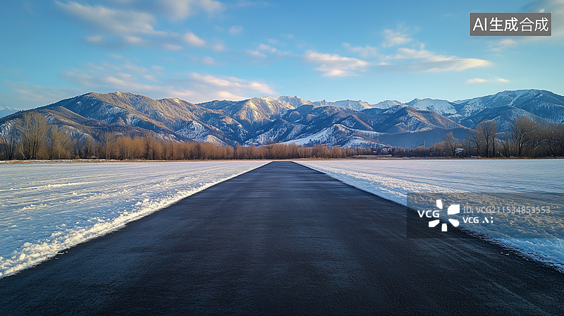 【AI数字艺术】冬日公路与雪山图片素材