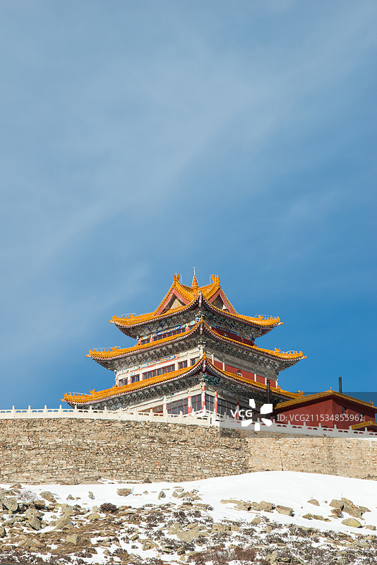 山西五台山，中台翠岩峰，演教寺，西台挂月峰，日出，雪景图片素材