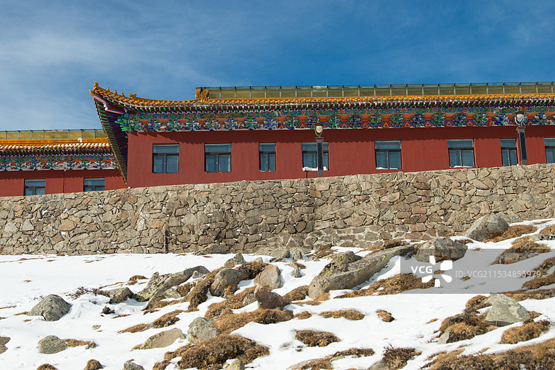 山西五台山，中台翠岩峰，演教寺，西台挂月峰，日出，雪景图片素材